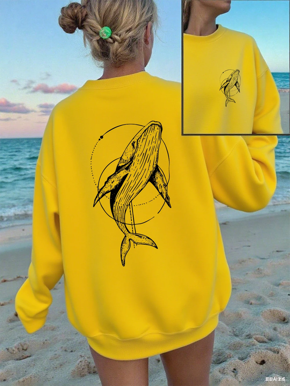 Humpback Whale Printing Sweatshirts Women Casual Crewneck Hoodies Winter Fleece Warm Pullover Loose Comfortable Womans Clothes