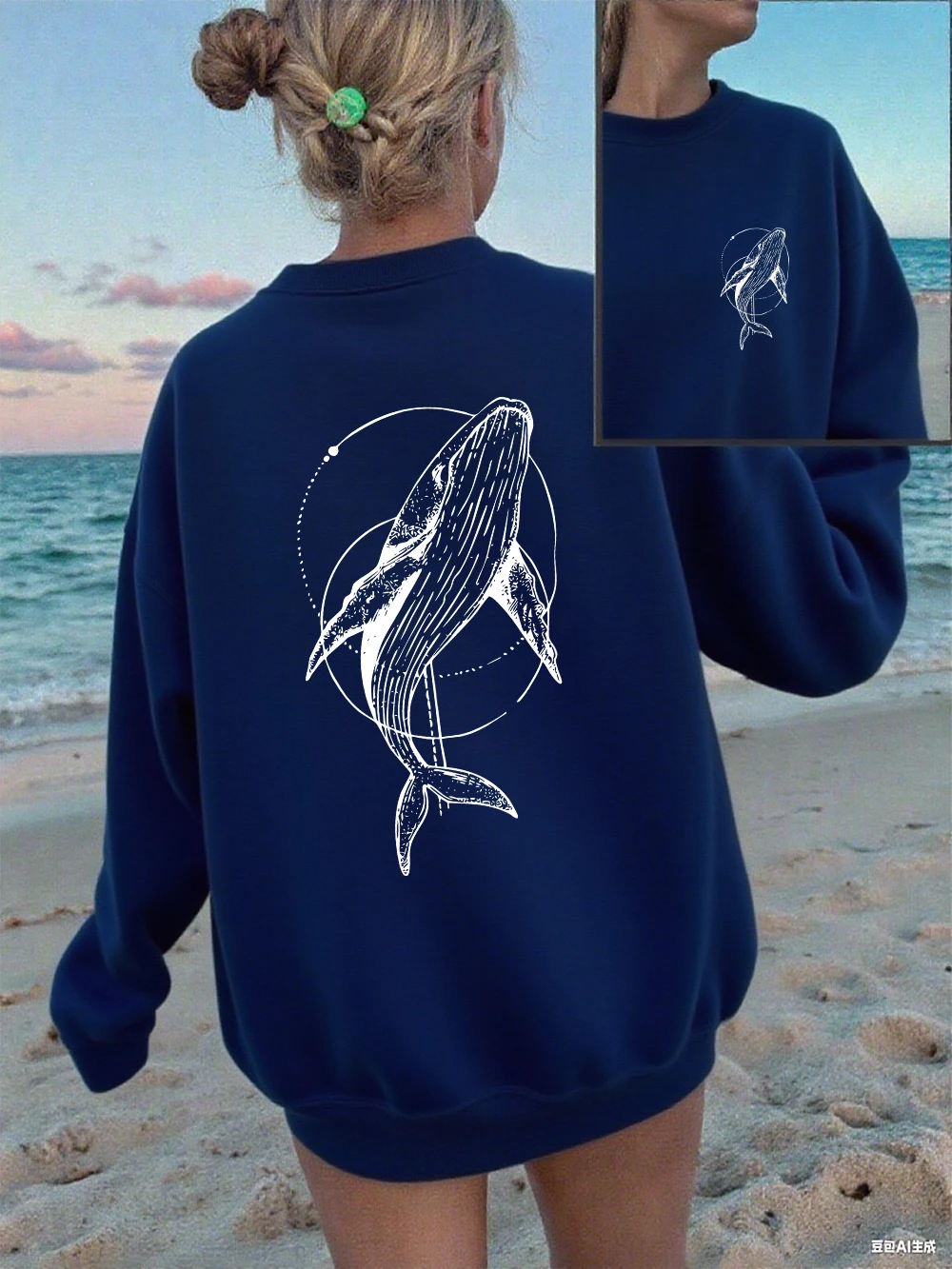 Humpback Whale Printing Sweatshirts Women Casual Crewneck Hoodies Winter Fleece Warm Pullover Loose Comfortable Womans Clothes