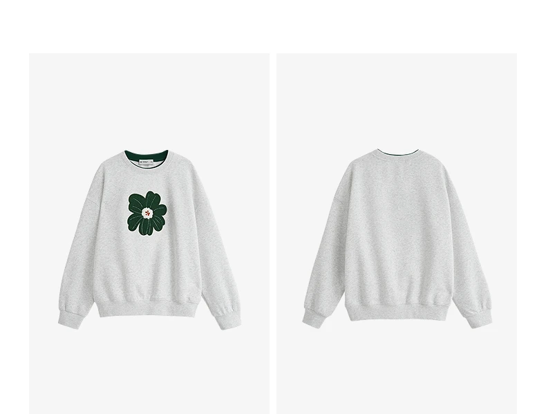 TOYOUTH Women Hoodies Sweatshirt 2025 Autumn New Green Velvet Flower Embroidered Round Neck Pullover Cotton Tops