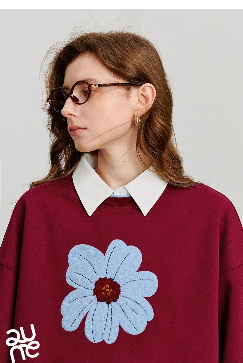 TOYOUTH Women Hoodies Sweatshirt 2025 Autumn New Green Velvet Flower Embroidered Round Neck Pullover Cotton Tops