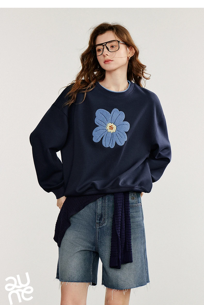 TOYOUTH Women Hoodies Sweatshirt 2025 Autumn New Green Velvet Flower Embroidered Round Neck Pullover Cotton Tops