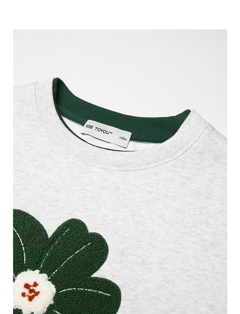 TOYOUTH Women Hoodies Sweatshirt 2025 Autumn New Green Velvet Flower Embroidered Round Neck Pullover Cotton Tops