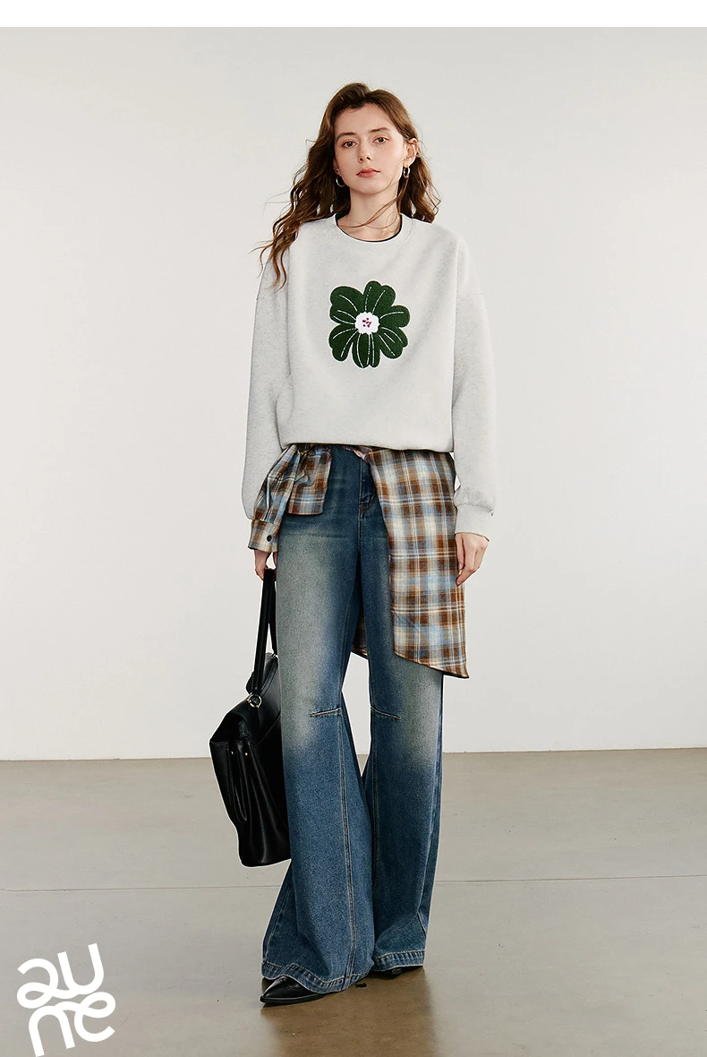 TOYOUTH Women Hoodies Sweatshirt 2025 Autumn New Green Velvet Flower Embroidered Round Neck Pullover Cotton Tops