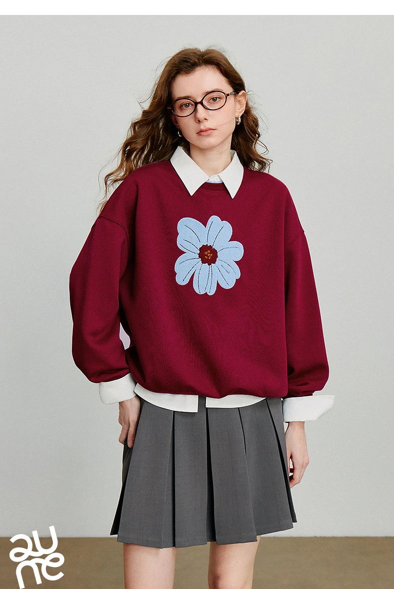 TOYOUTH Women Hoodies Sweatshirt 2025 Autumn New Green Velvet Flower Embroidered Round Neck Pullover Cotton Tops