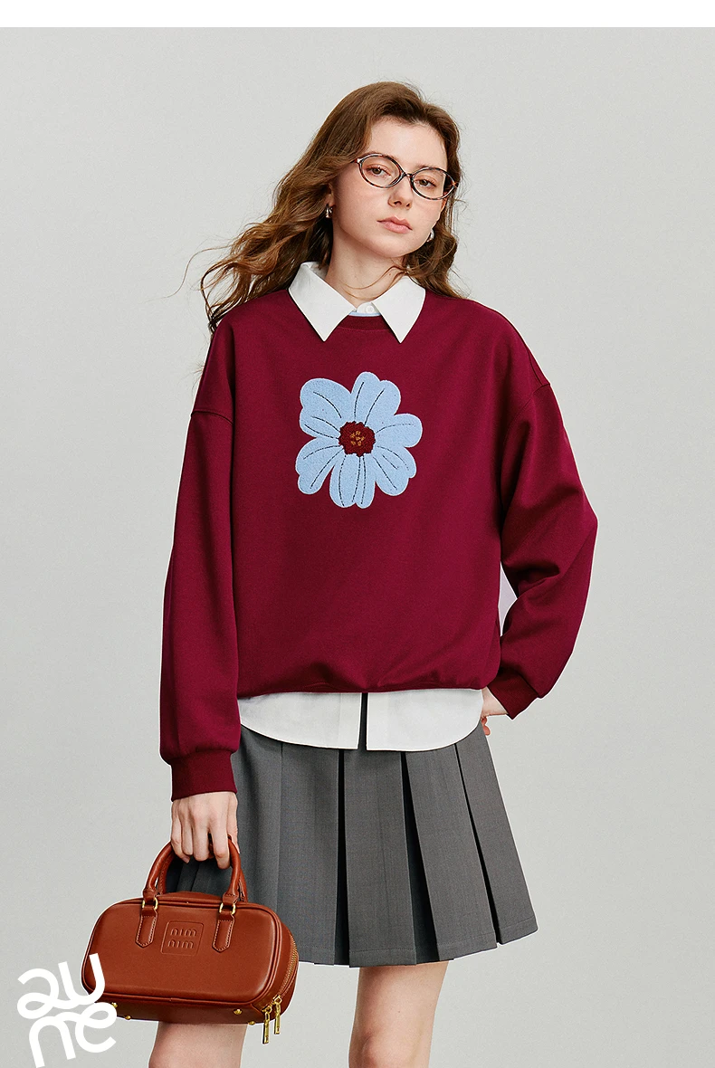 TOYOUTH Women Hoodies Sweatshirt 2025 Autumn New Green Velvet Flower Embroidered Round Neck Pullover Cotton Tops