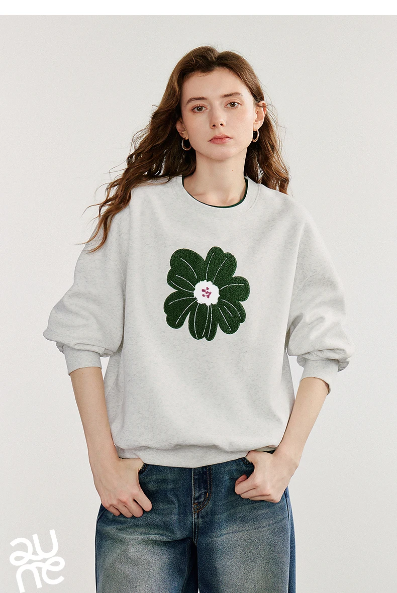 TOYOUTH Women Hoodies Sweatshirt 2025 Autumn New Green Velvet Flower Embroidered Round Neck Pullover Cotton Tops