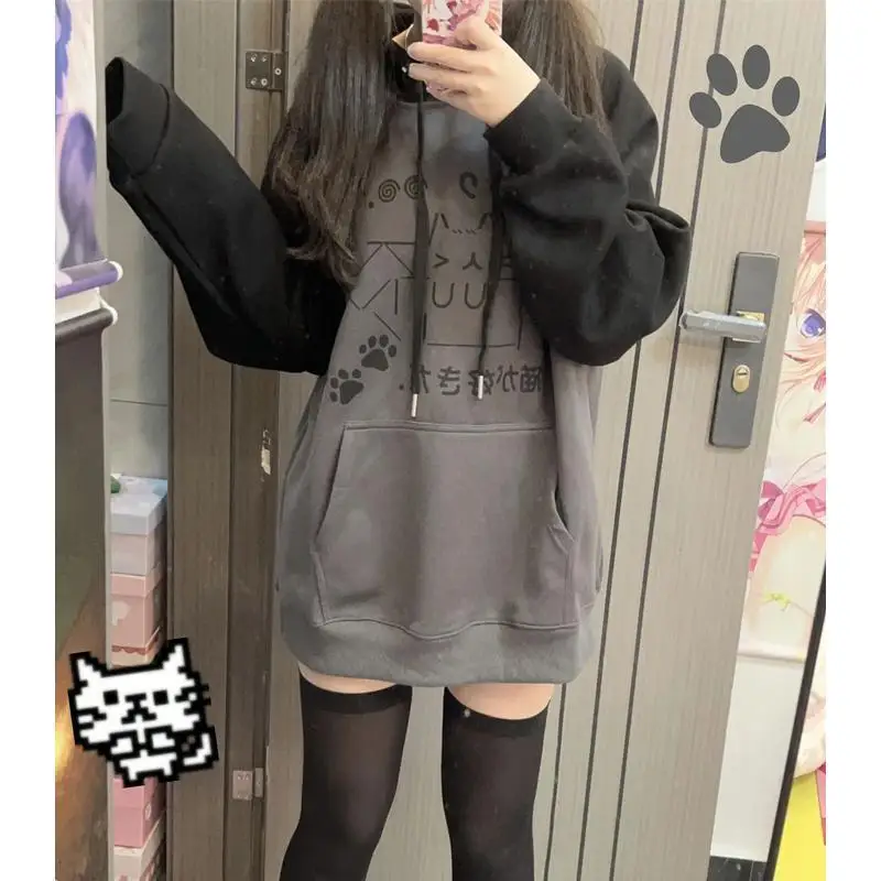 Autumn Japanese Kawaii Cute Y2k Aesthetic Patchwork Fleece Hoodie Women Cartoon Cat Print Harajuku Retro Streetwear Sweatshirt