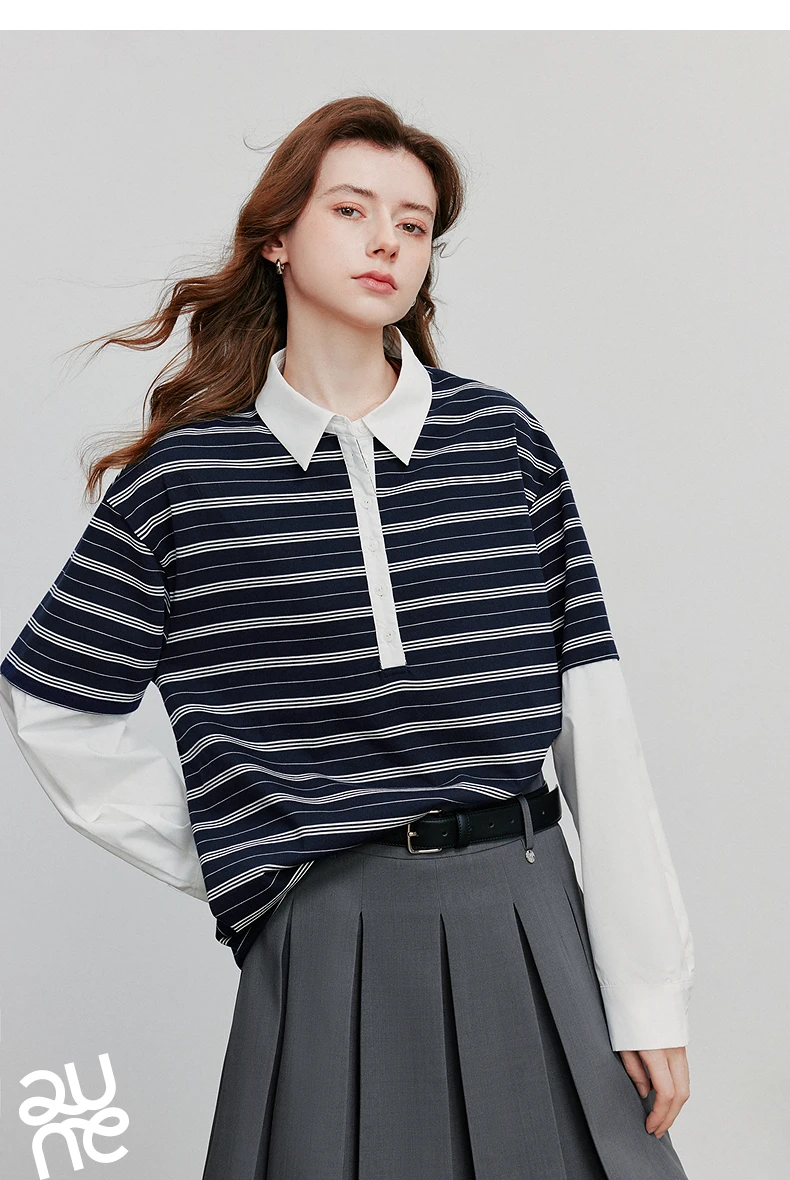TOYOUTH Women Hoodies Sweatshirt 2025 Autumn New Spliced Fake Two Piece Polo Collar Striped Casual Pullover Tops