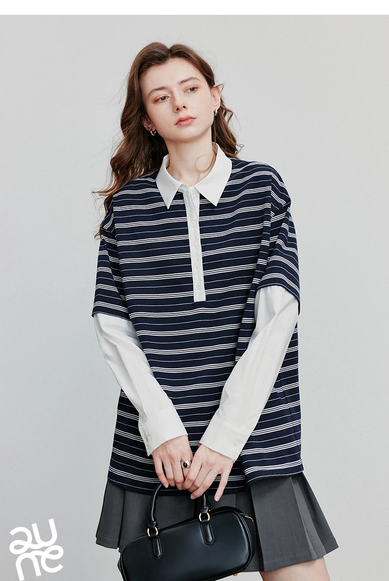 TOYOUTH Women Hoodies Sweatshirt 2025 Autumn New Spliced Fake Two Piece Polo Collar Striped Casual Pullover Tops
