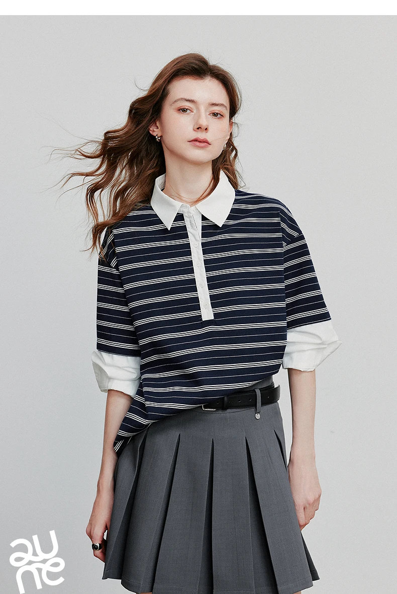 TOYOUTH Women Hoodies Sweatshirt 2025 Autumn New Spliced Fake Two Piece Polo Collar Striped Casual Pullover Tops