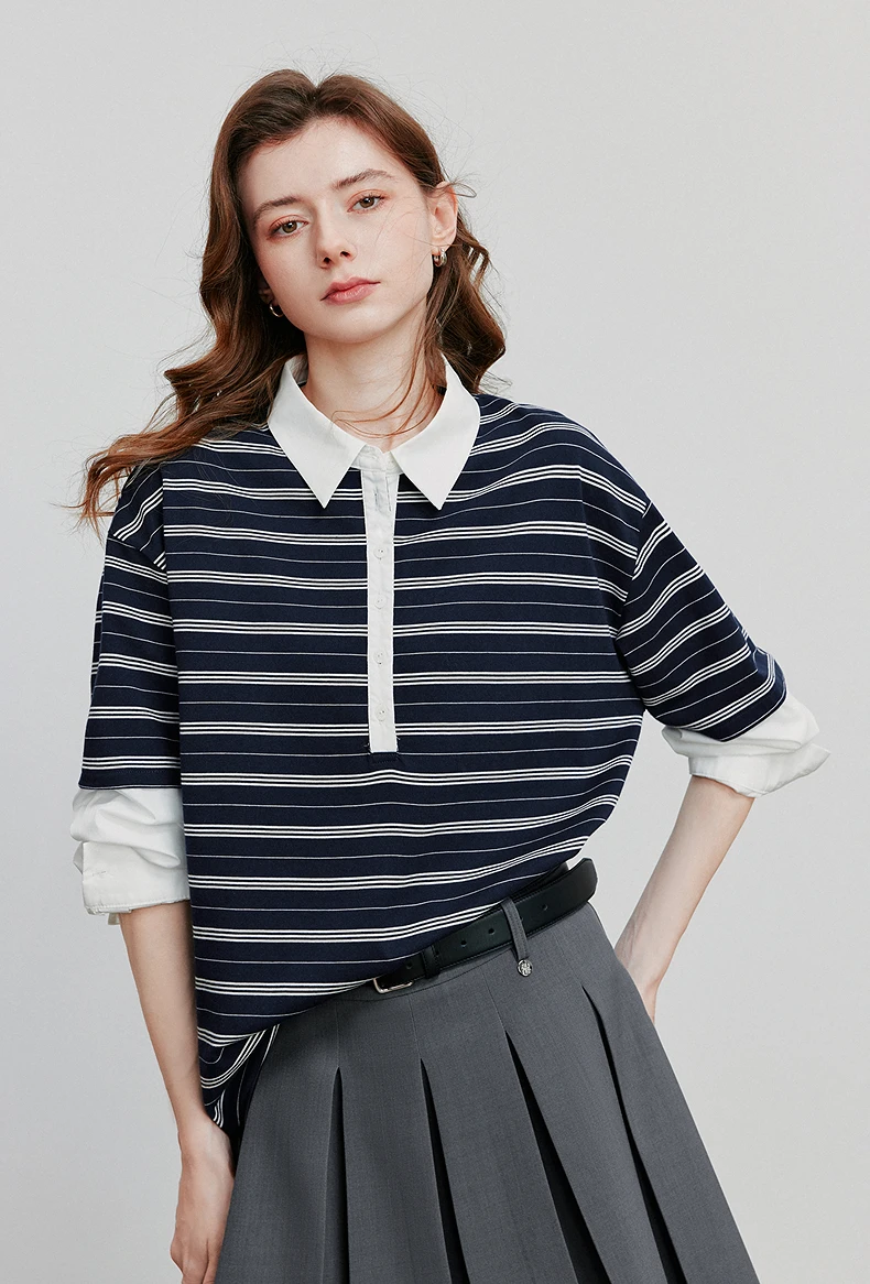 TOYOUTH Women Hoodies Sweatshirt 2025 Autumn New Spliced Fake Two Piece Polo Collar Striped Casual Pullover Tops