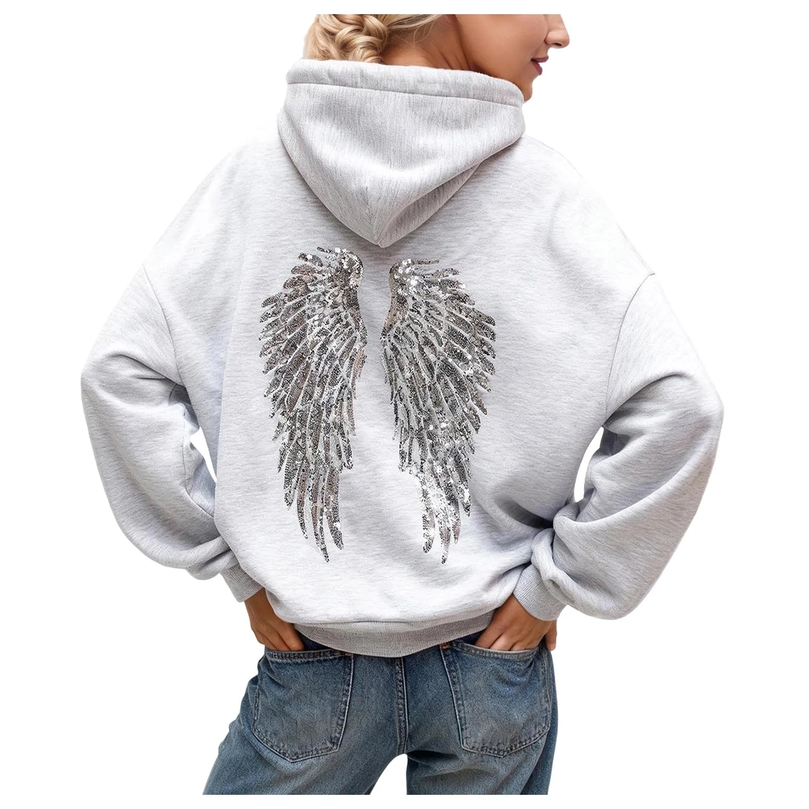 Sequin Angel Wings Loose Fit Sweatshirts For Women Fall/Winter Sparkly Party Pullover Women Autumn Winter Gray Oversized Hoodies