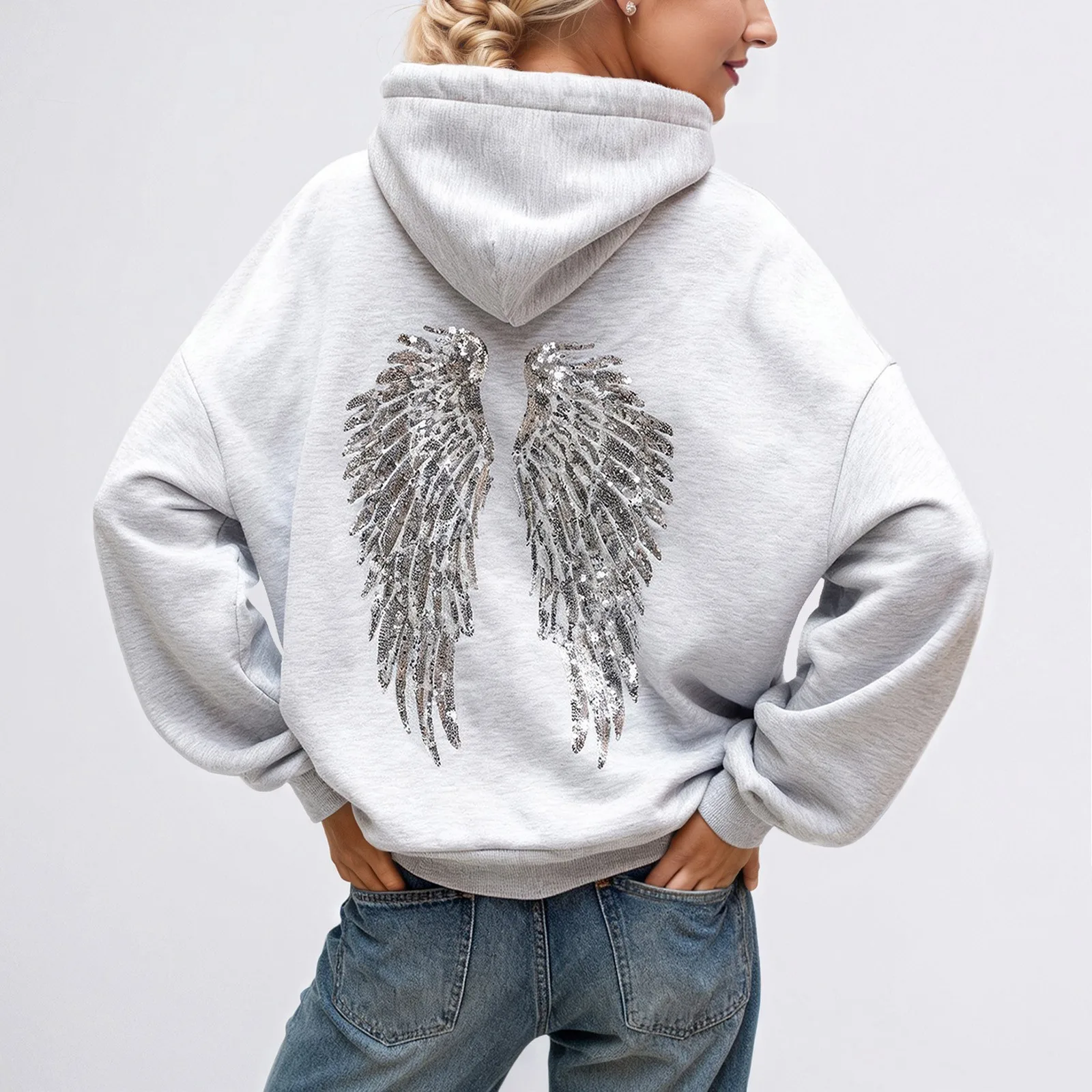 Sequin Angel Wings Loose Fit Sweatshirts For Women Fall/Winter Sparkly Party Pullover Women Autumn Winter Gray Oversized Hoodies