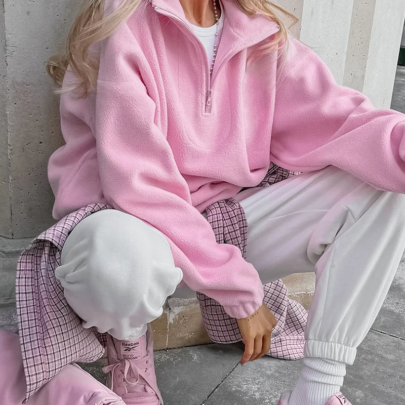 Original Fall Winter Lamb Fleece Hoodie Women Casual Loose Thick Zipper Long Sleeve Lapel Pullover Top Lady Hoodies Streetwear