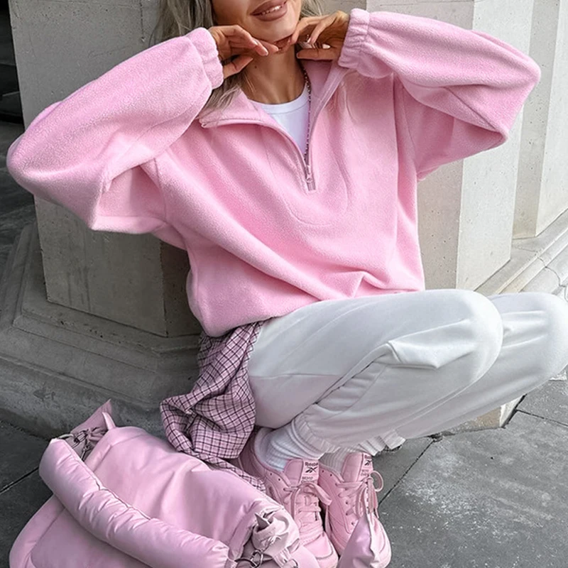 Original Fall Winter Lamb Fleece Hoodie Women Casual Loose Thick Zipper Long Sleeve Lapel Pullover Top Lady Hoodies Streetwear