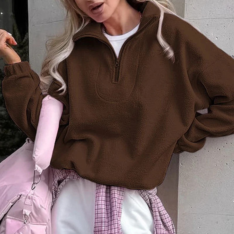 Original Fall Winter Lamb Fleece Hoodie Women Casual Loose Thick Zipper Long Sleeve Lapel Pullover Top Lady Hoodies Streetwear
