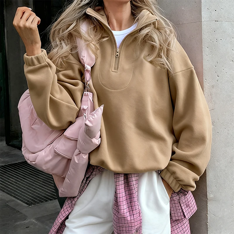 Original Fall Winter Lamb Fleece Hoodie Women Casual Loose Thick Zipper Long Sleeve Lapel Pullover Top Lady Hoodies Streetwear