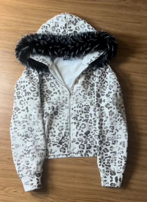 Autumn and winter fur collar retro y2k men's and women's personalized street fashion printed hooded zipper sweatshirt