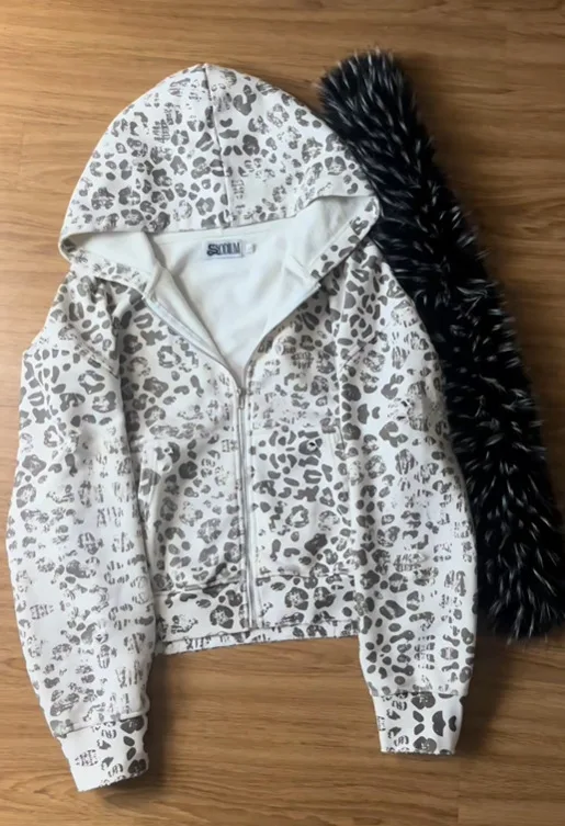 Autumn and winter fur collar retro y2k men's and women's personalized street fashion printed hooded zipper sweatshirt