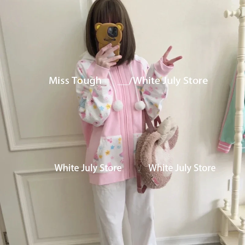 Harajuku Kawaii Coats with Hoodies Women Japanese Sweet Lolita Sweatshirts Kawaii Cartoon Print Y2k Overcoat Fashion Clothes Top