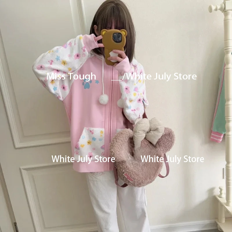 Harajuku Kawaii Coats with Hoodies Women Japanese Sweet Lolita Sweatshirts Kawaii Cartoon Print Y2k Overcoat Fashion Clothes Top