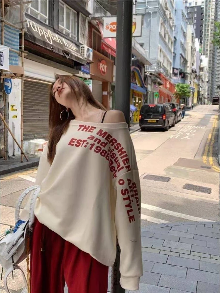 Woman American Vinrage Grey Street Sweatshirt Y2k Letter Printing Long Sleeve Casual Warm Oversize Baggy Ladeies Tops Autumn