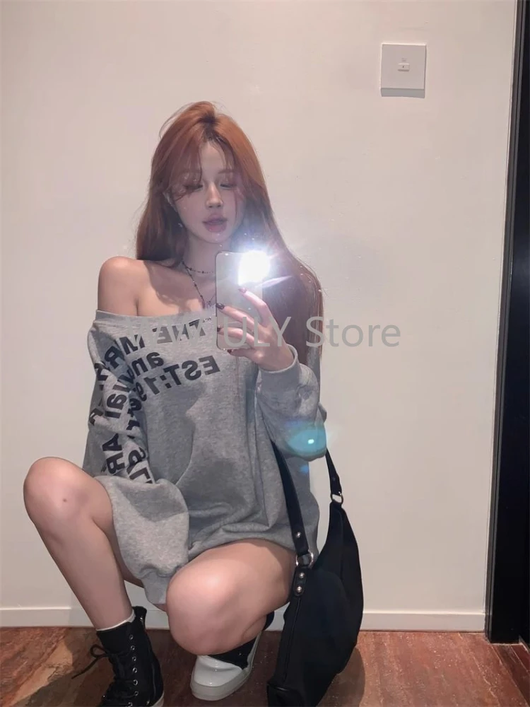Woman American Vinrage Grey Street Sweatshirt Y2k Letter Printing Long Sleeve Casual Warm Oversize Baggy Ladeies Tops Autumn