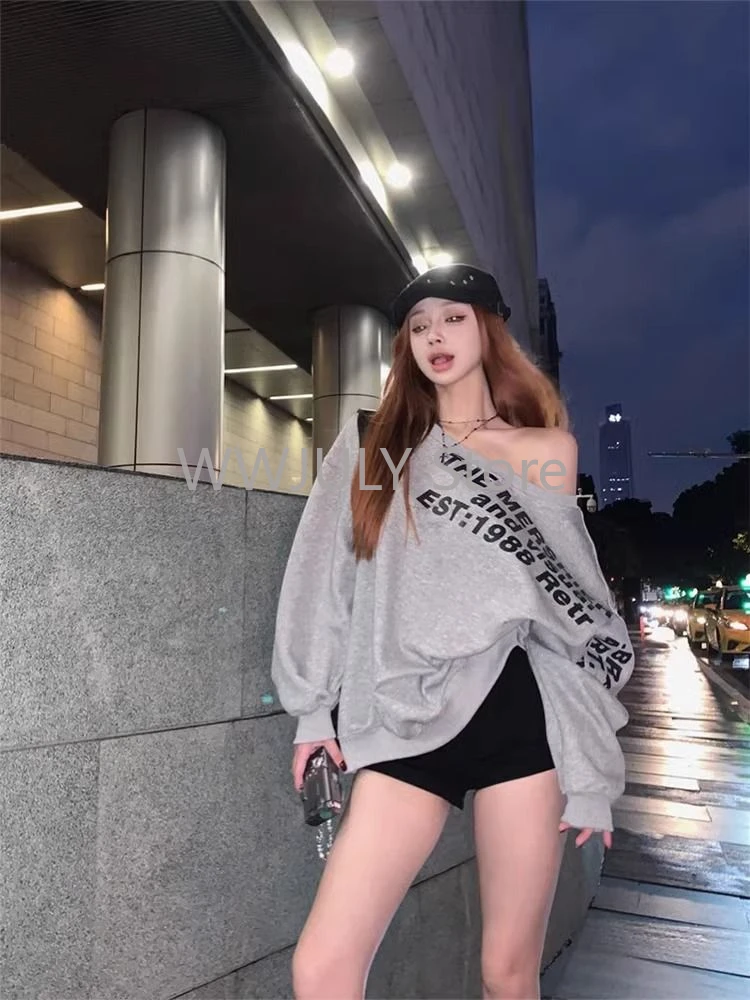 Woman American Vinrage Grey Street Sweatshirt Y2k Letter Printing Long Sleeve Casual Warm Oversize Baggy Ladeies Tops Autumn