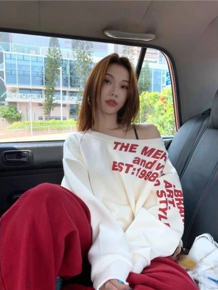 Woman American Vinrage Grey Street Sweatshirt Y2k Letter Printing Long Sleeve Casual Warm Oversize Baggy Ladeies Tops Autumn