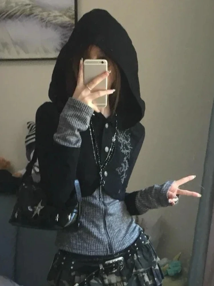 2024 Autumn Punk Vintage Patchwork Hoodie Sweaters Y2k Slim Fit Long Sleeve Knitted Tops Mujer New Cardigan Coat Sweatshirts