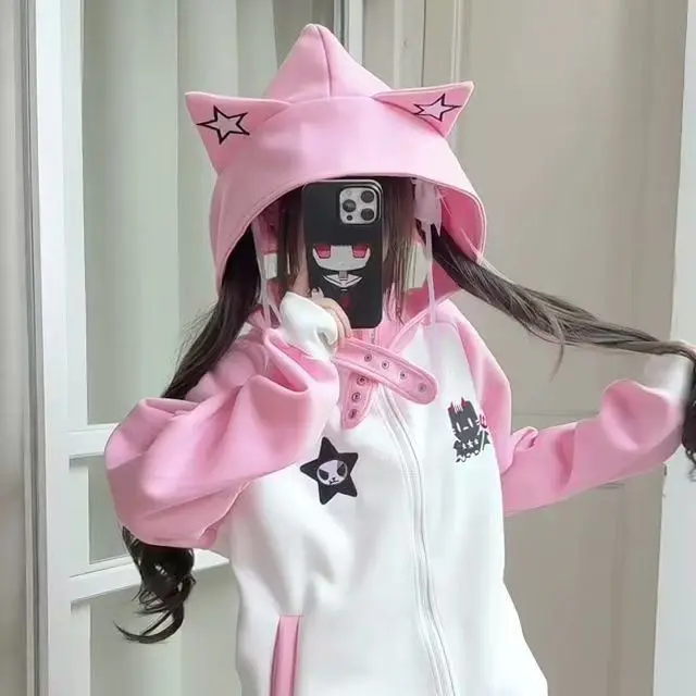 Women Y2K Harajuku Gothic Fishbone Splicing Loose Zipper Hoodie Black and Gray Contrast Long-Sleeved Hooded Street Casual Jacket