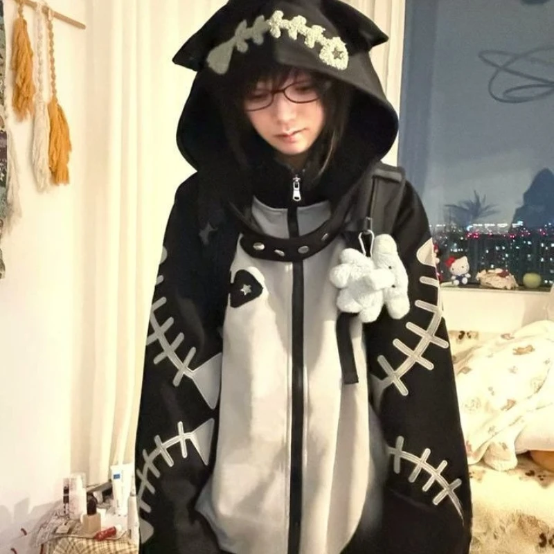 Women Y2K Harajuku Gothic Fishbone Splicing Loose Zipper Hoodie Black and Gray Contrast Long-Sleeved Hooded Street Casual Jacket
