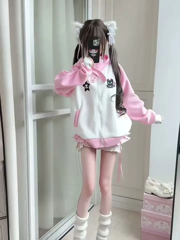 Women Y2K Harajuku Gothic Fishbone Splicing Loose Zipper Hoodie Black and Gray Contrast Long-Sleeved Hooded Street Casual Jacket