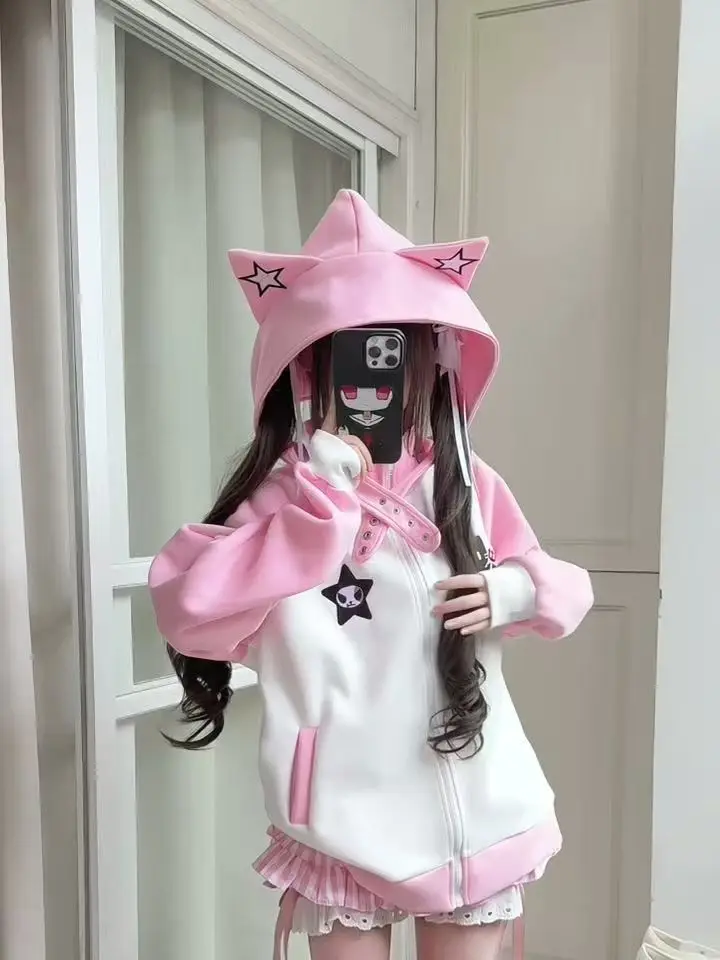 Women Y2K Harajuku Gothic Fishbone Splicing Loose Zipper Hoodie Black and Gray Contrast Long-Sleeved Hooded Street Casual Jacket