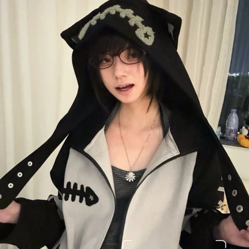 Women Y2K Harajuku Gothic Fishbone Splicing Loose Zipper Hoodie Black and Gray Contrast Long-Sleeved Hooded Street Casual Jacket