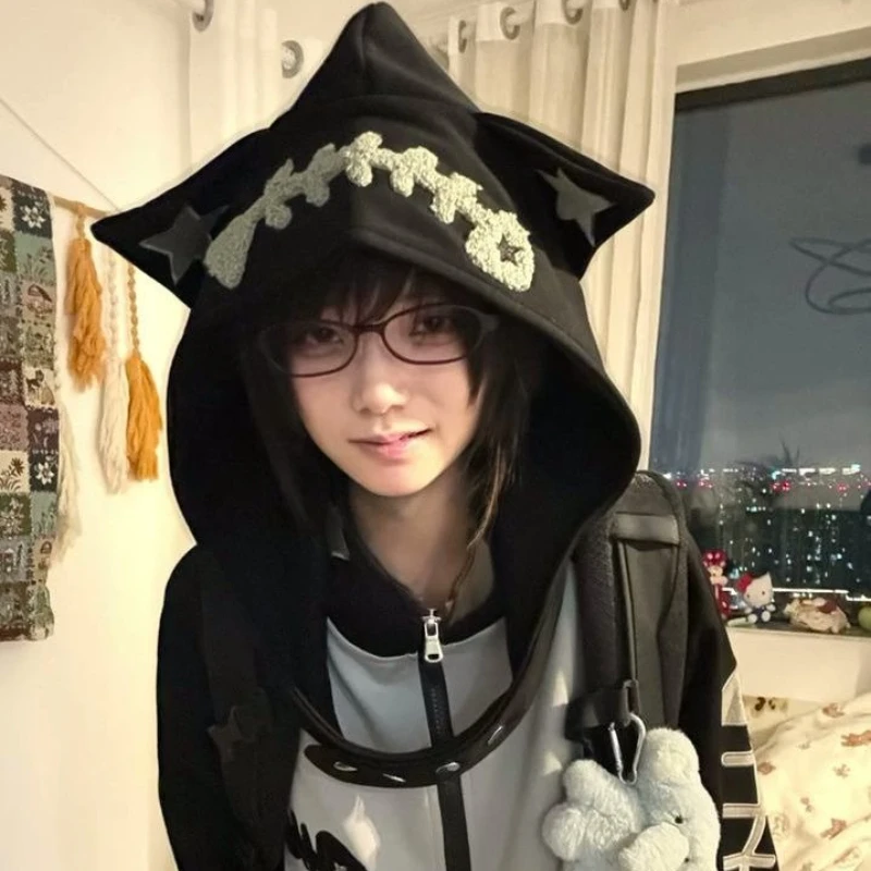 Women Y2K Harajuku Gothic Fishbone Splicing Loose Zipper Hoodie Black and Gray Contrast Long-Sleeved Hooded Street Casual Jacket