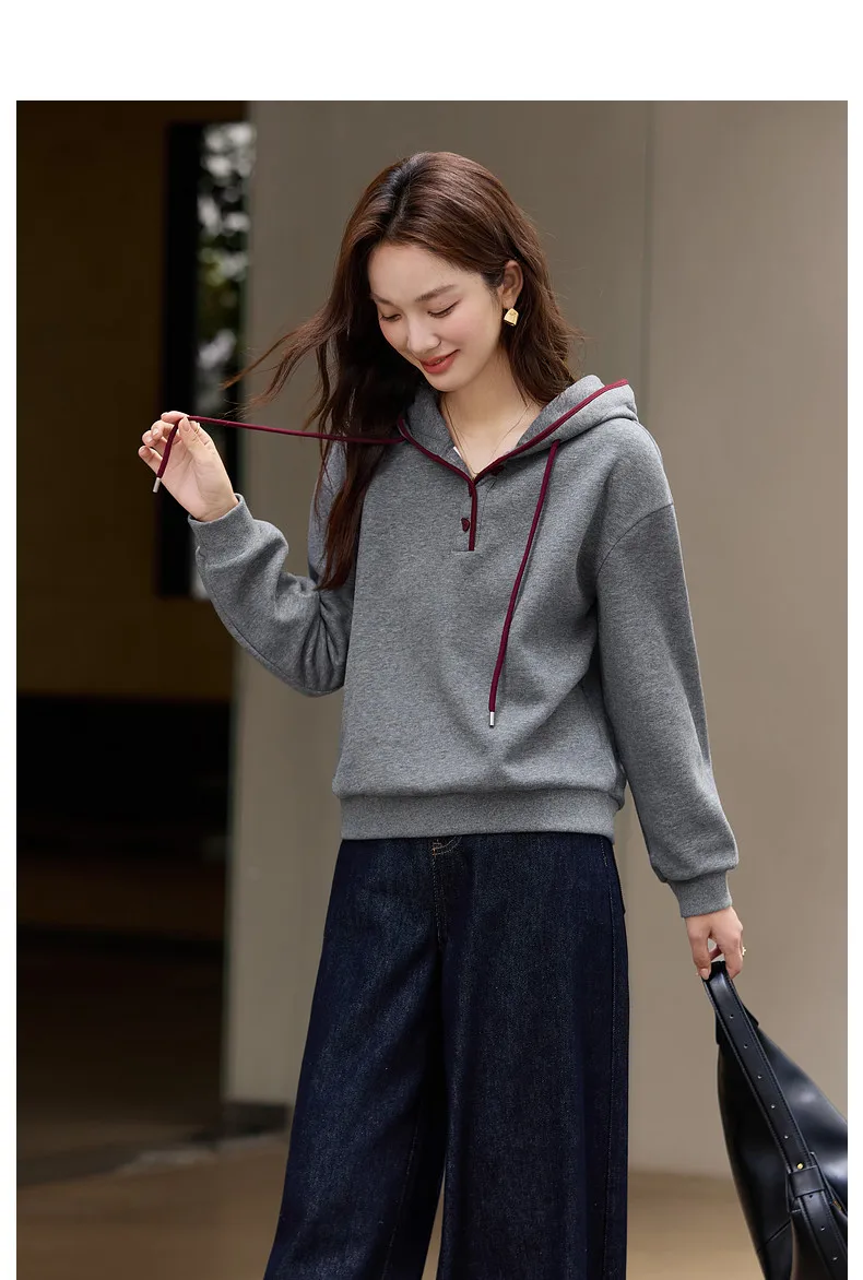 VIMLY Women's Hoodies Grey Hooded Fleece Casual Sweatshirt Loose-fit Long Sleeve Sweatshirts Fall Winter 2026 Pullover A3537