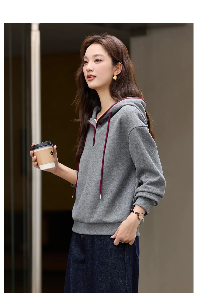 VIMLY Women's Hoodies Grey Hooded Fleece Casual Sweatshirt Loose-fit Long Sleeve Sweatshirts Fall Winter 2026 Pullover A3537