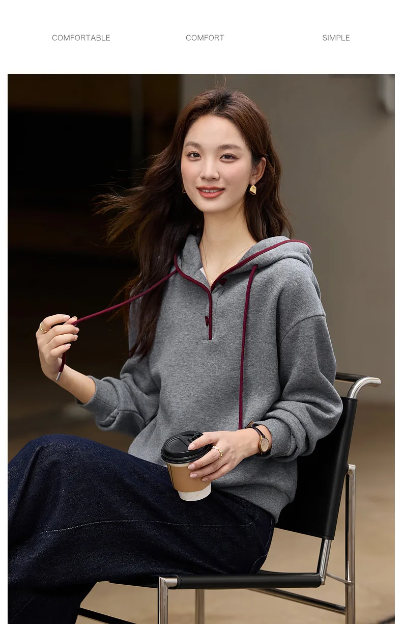 VIMLY Women's Hoodies Grey Hooded Fleece Casual Sweatshirt Loose-fit Long Sleeve Sweatshirts Fall Winter 2026 Pullover A3537