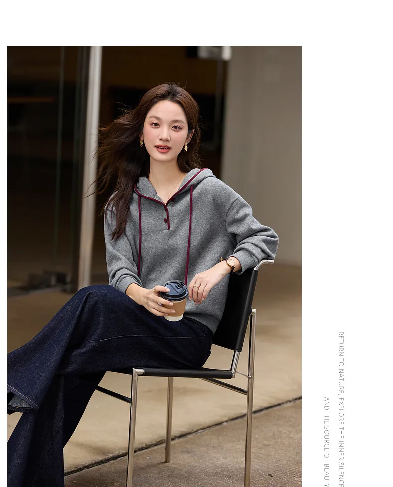 VIMLY Women's Hoodies Grey Hooded Fleece Casual Sweatshirt Loose-fit Long Sleeve Sweatshirts Fall Winter 2026 Pullover A3537