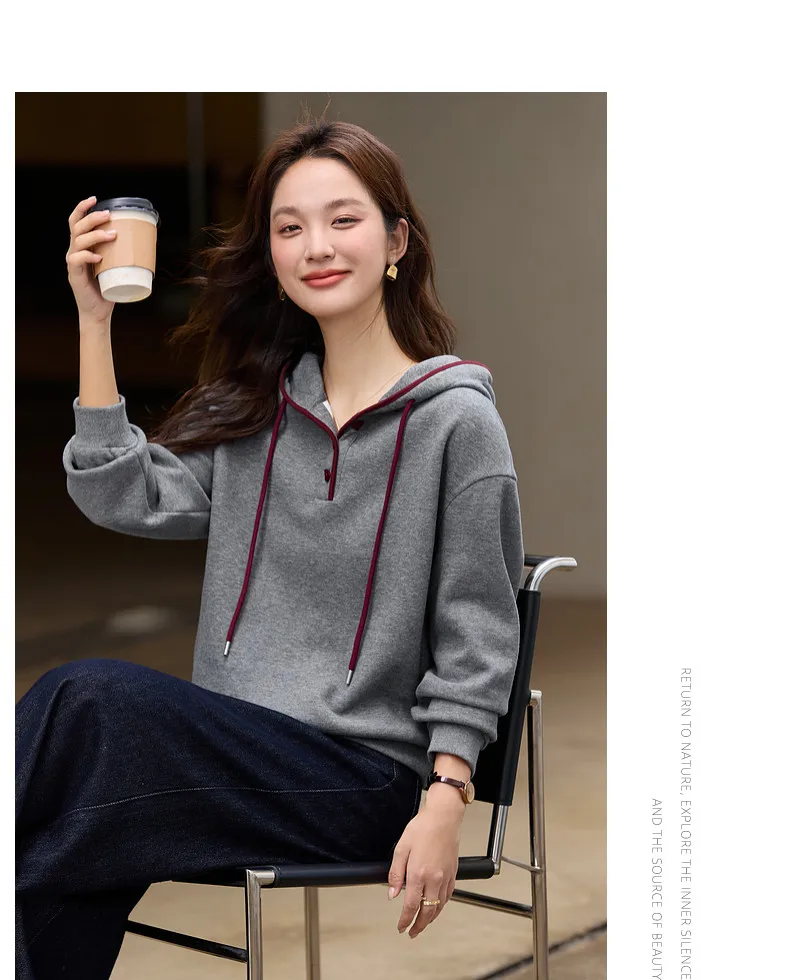 VIMLY Women's Hoodies Grey Hooded Fleece Casual Sweatshirt Loose-fit Long Sleeve Sweatshirts Fall Winter 2026 Pullover A3537