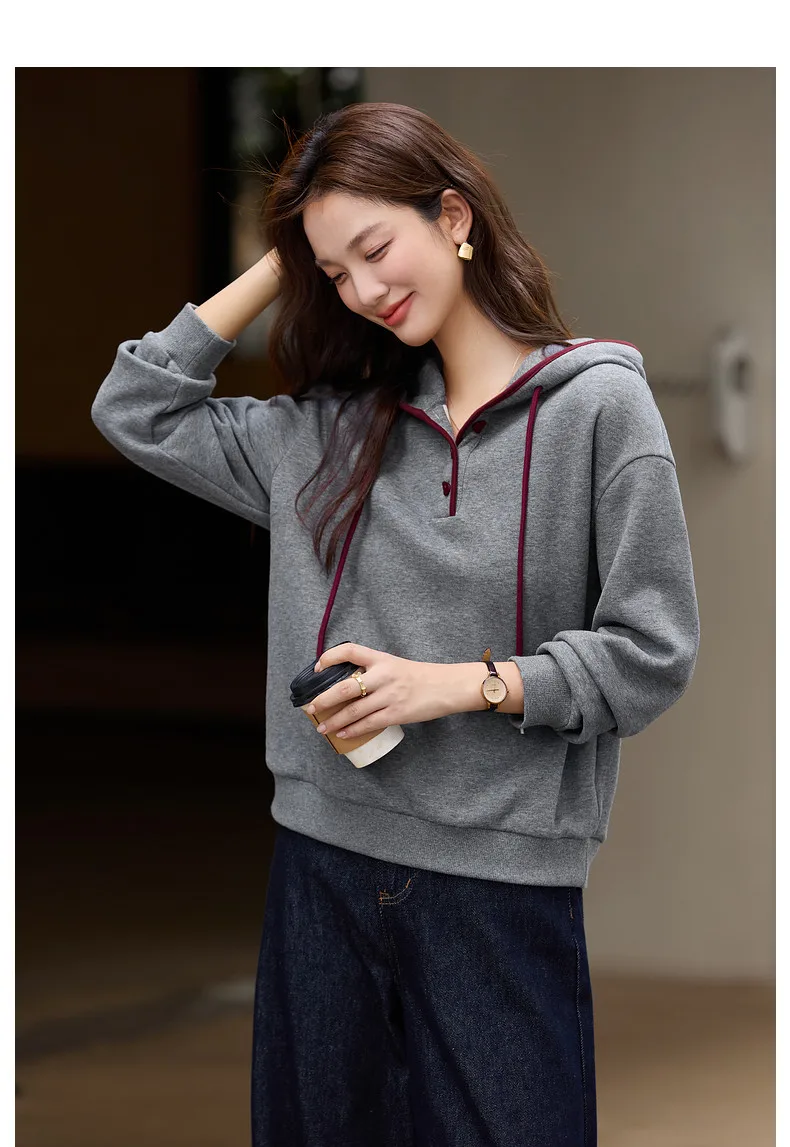 VIMLY Women's Hoodies Grey Hooded Fleece Casual Sweatshirt Loose-fit Long Sleeve Sweatshirts Fall Winter 2026 Pullover A3537