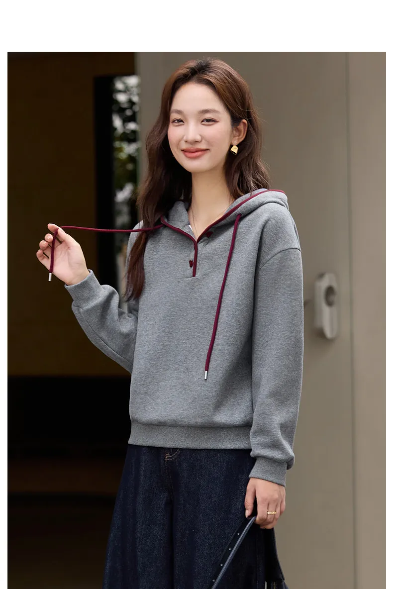 VIMLY Women's Hoodies Grey Hooded Fleece Casual Sweatshirt Loose-fit Long Sleeve Sweatshirts Fall Winter 2026 Pullover A3537