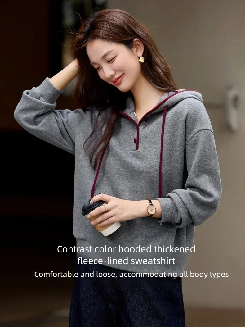 VIMLY Women's Hoodies Grey Hooded Fleece Casual Sweatshirt Loose-fit Long Sleeve Sweatshirts Fall Winter 2026 Pullover A3537
