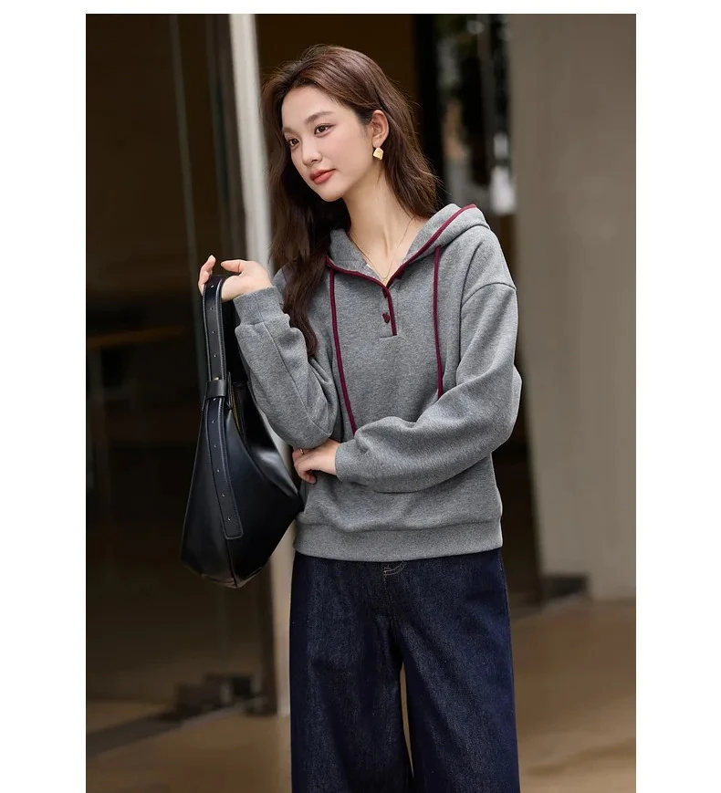 VIMLY Women's Hoodies Grey Hooded Fleece Casual Sweatshirt Loose-fit Long Sleeve Sweatshirts Fall Winter 2026 Pullover A3537