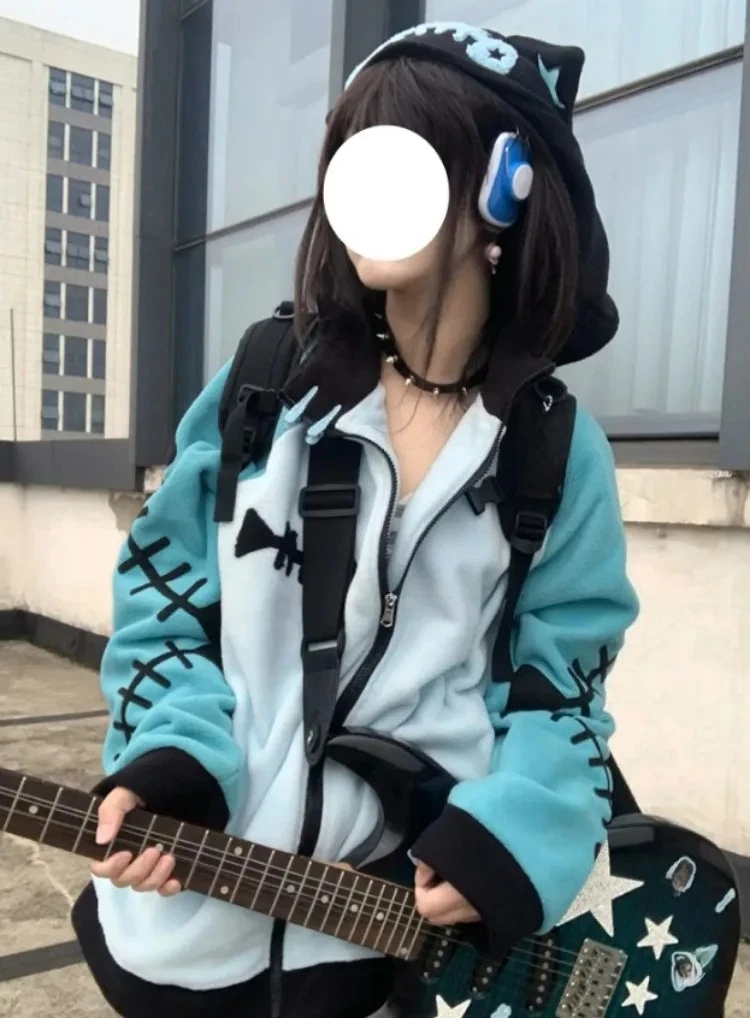 Japanese Kawaii Fish Bone Long Sleeve Detachable Hood Women Zipper Y2k Aesthetic Streetwear Hoodies Harajuku Zipper Sweatshirt