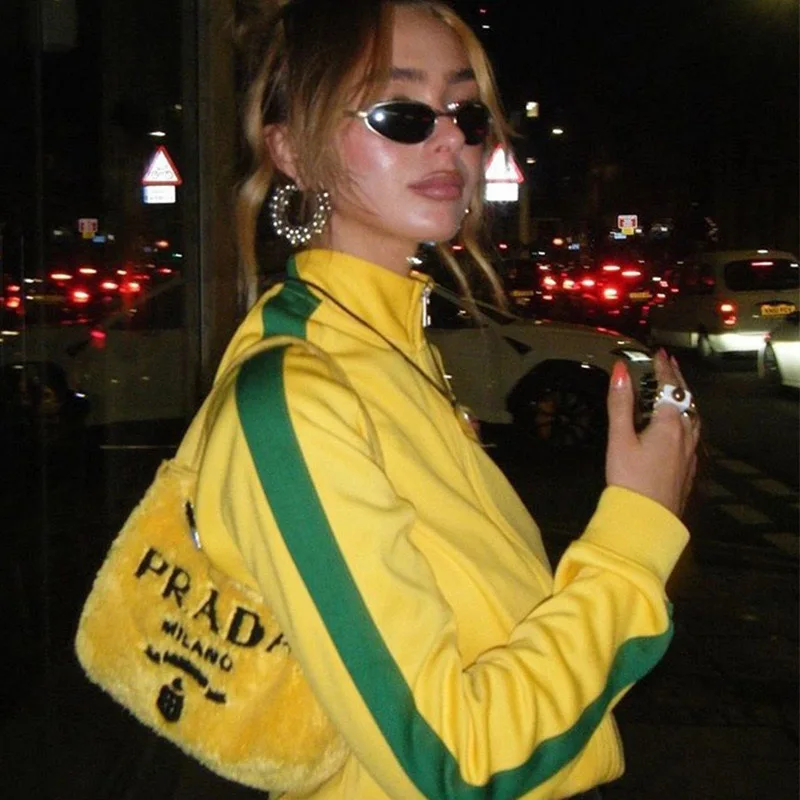 Women's Cropped Brazil Soccer Track Jacket Vintage Yellow Green Stripe Half Zip Embroidered Patch Football Jacket Streetwear