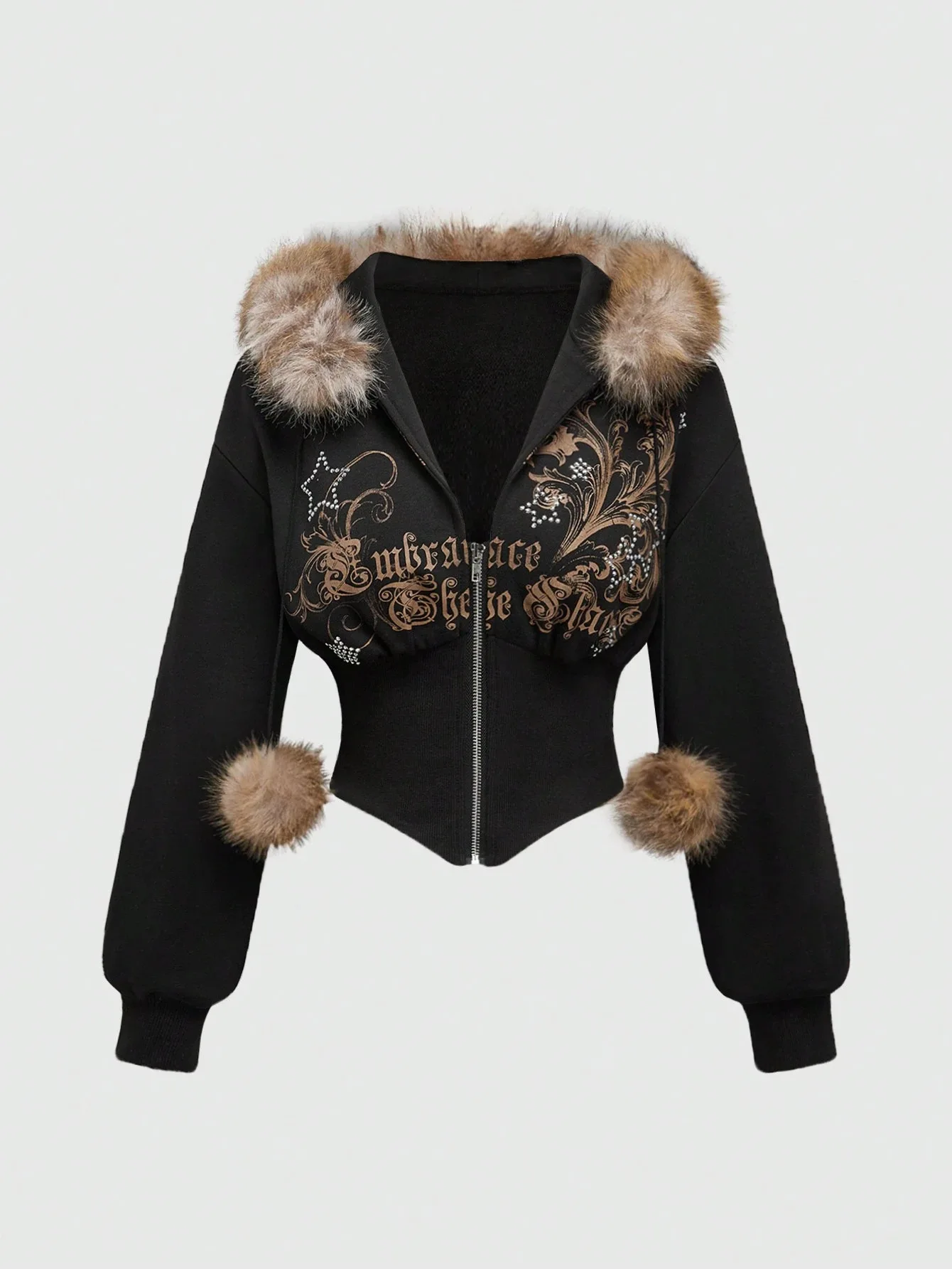 Vintage Gothic Waist Slim Zipper Cardigan European American Fashion Harajuku Plush Hoodie Long Sleeve Short Emo Girls Casual Top