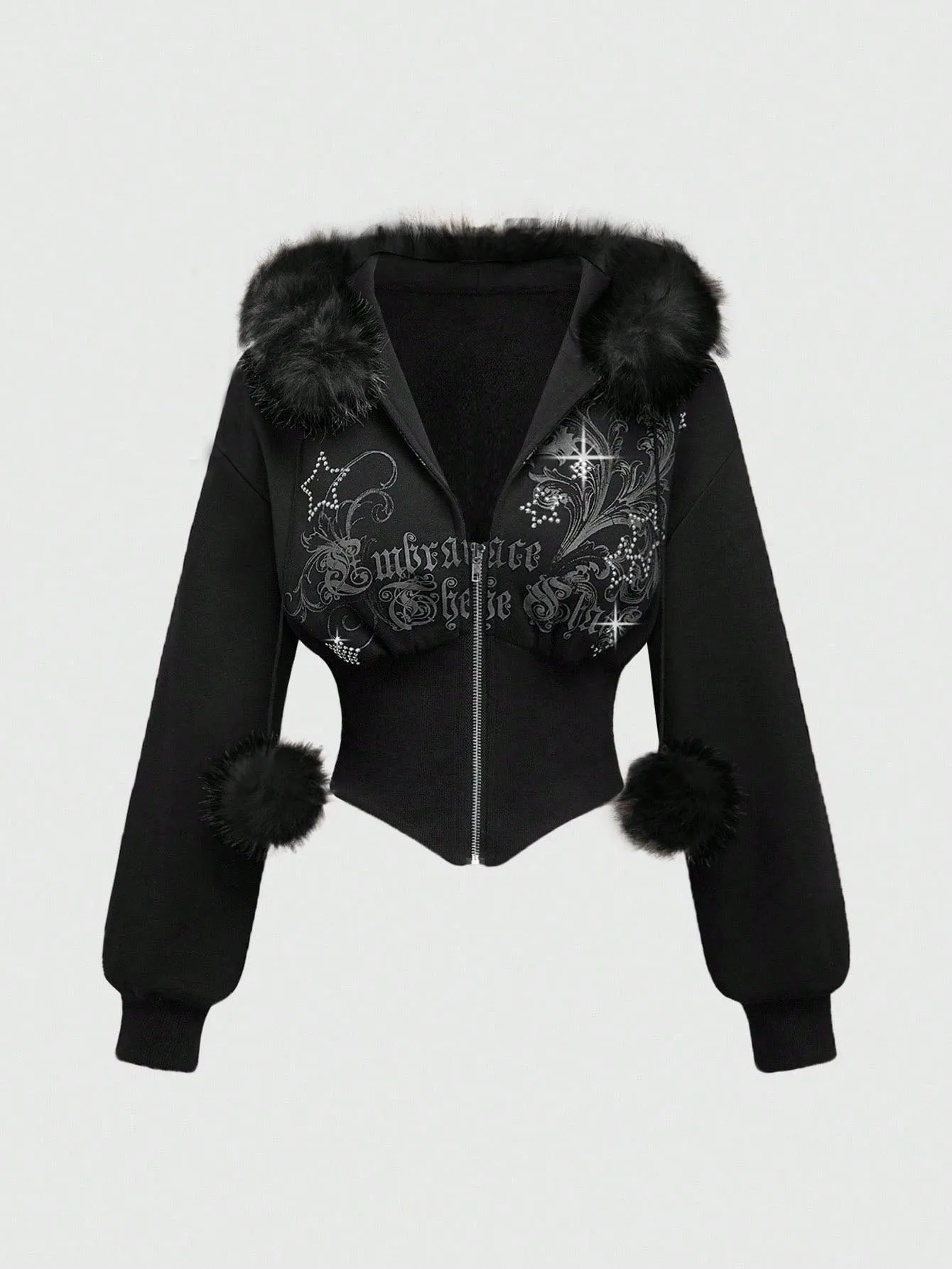 Vintage Gothic Waist Slim Zipper Cardigan European American Fashion Harajuku Plush Hoodie Long Sleeve Short Emo Girls Casual Top