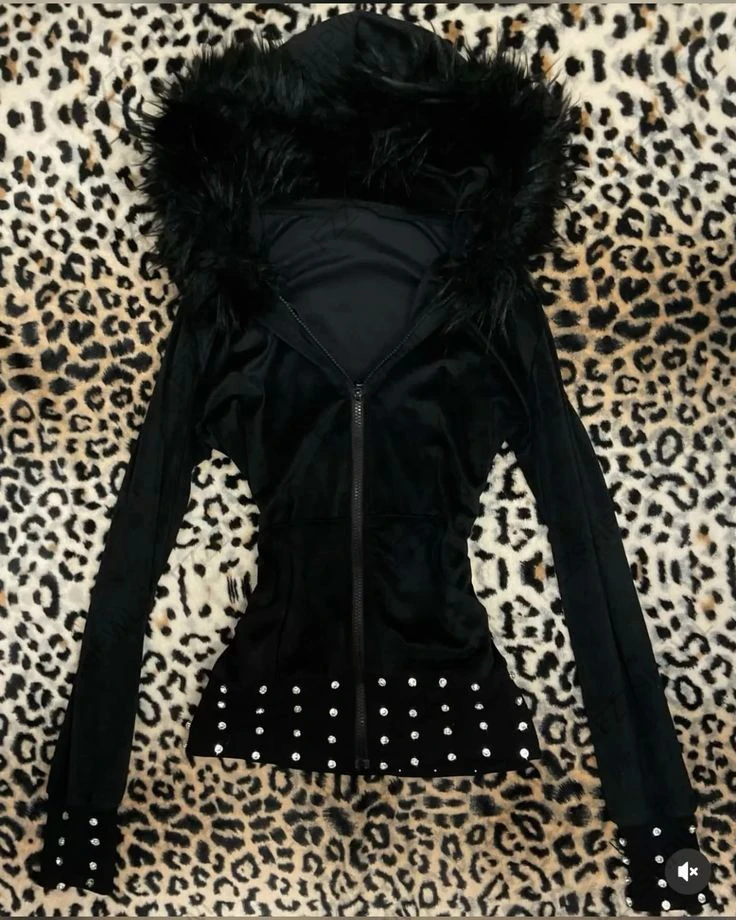 Fashion Y2K Women Spring/Autumn Casual vintage Slim hoodie Long-sleeved Rhine stone Pattern printed zipper jacket 2000s tops emo